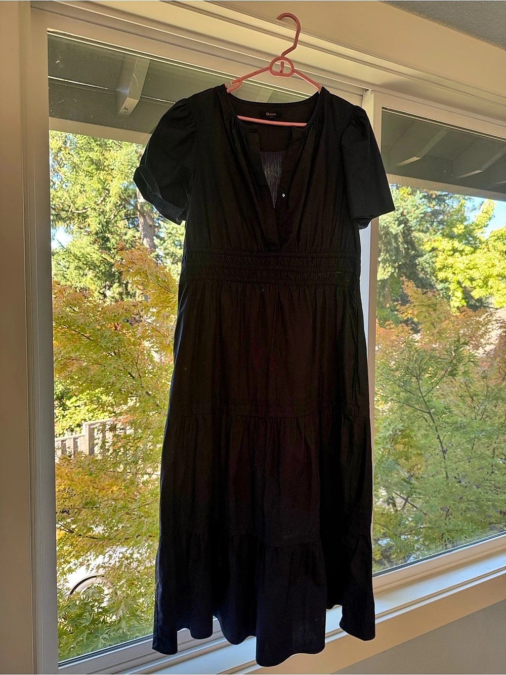 Quince Organic Textured Cotton Smocked V-Neck Midi Dress Navy Blue Large